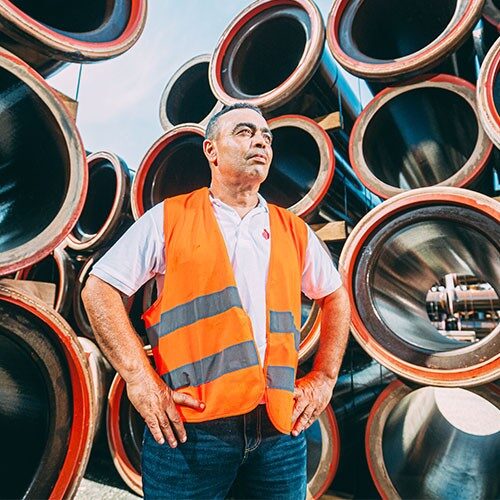 Arbeiter mit Warnweste vor großen Metallrohren